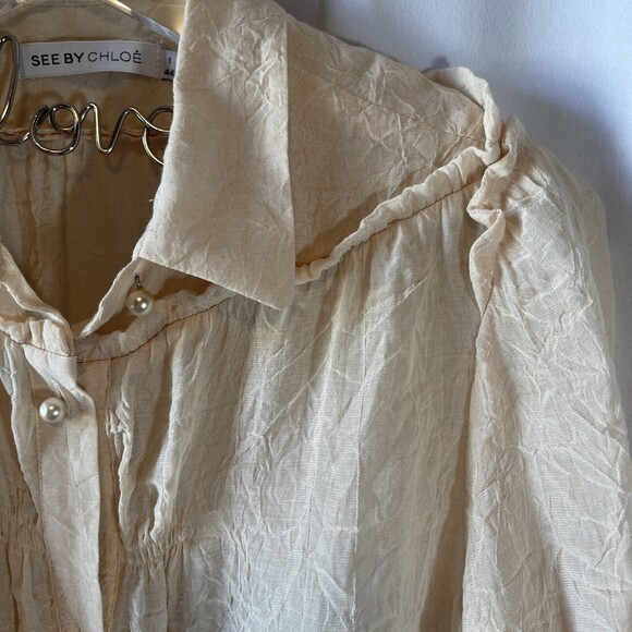 See By Chloe Crinkled Drawstring Waist Pearl Button Cream Blouse Sz 8 - Picture 3 of 9